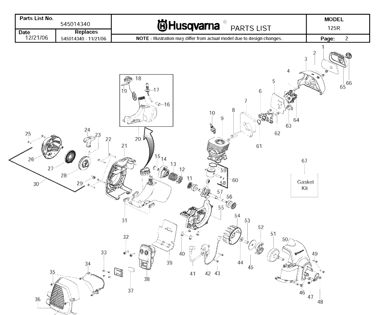 Engine Diagram and Parts List for 125R 20074000001-20082200000 Husqvarna Brush Cutter