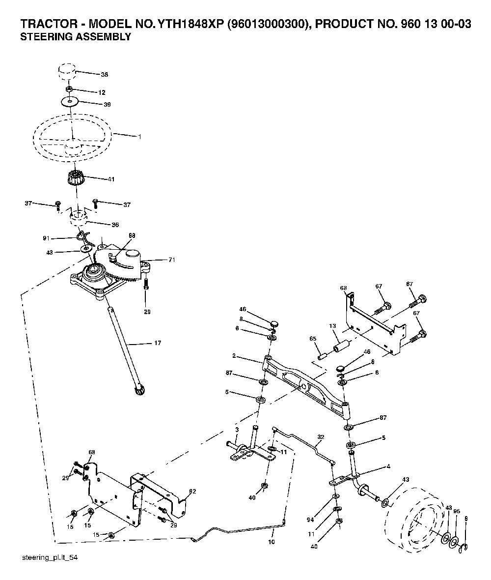 Steering Diagram and Parts List for YTH1848XP96013000300 2005-10 Husqvarna Lawn Tractor
