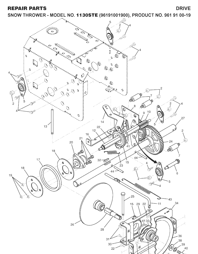 Drive Diagram and Parts List for 1130STE (96191001900)(2007-07) Husqvarna Snow Blower
