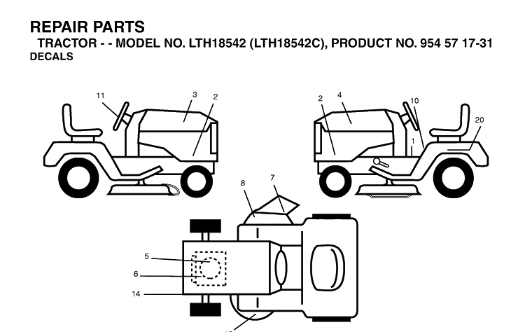 Decals Diagram and Parts List for LTH18542-LTH18542C 2004-08 Husqvarna Lawn Tractor