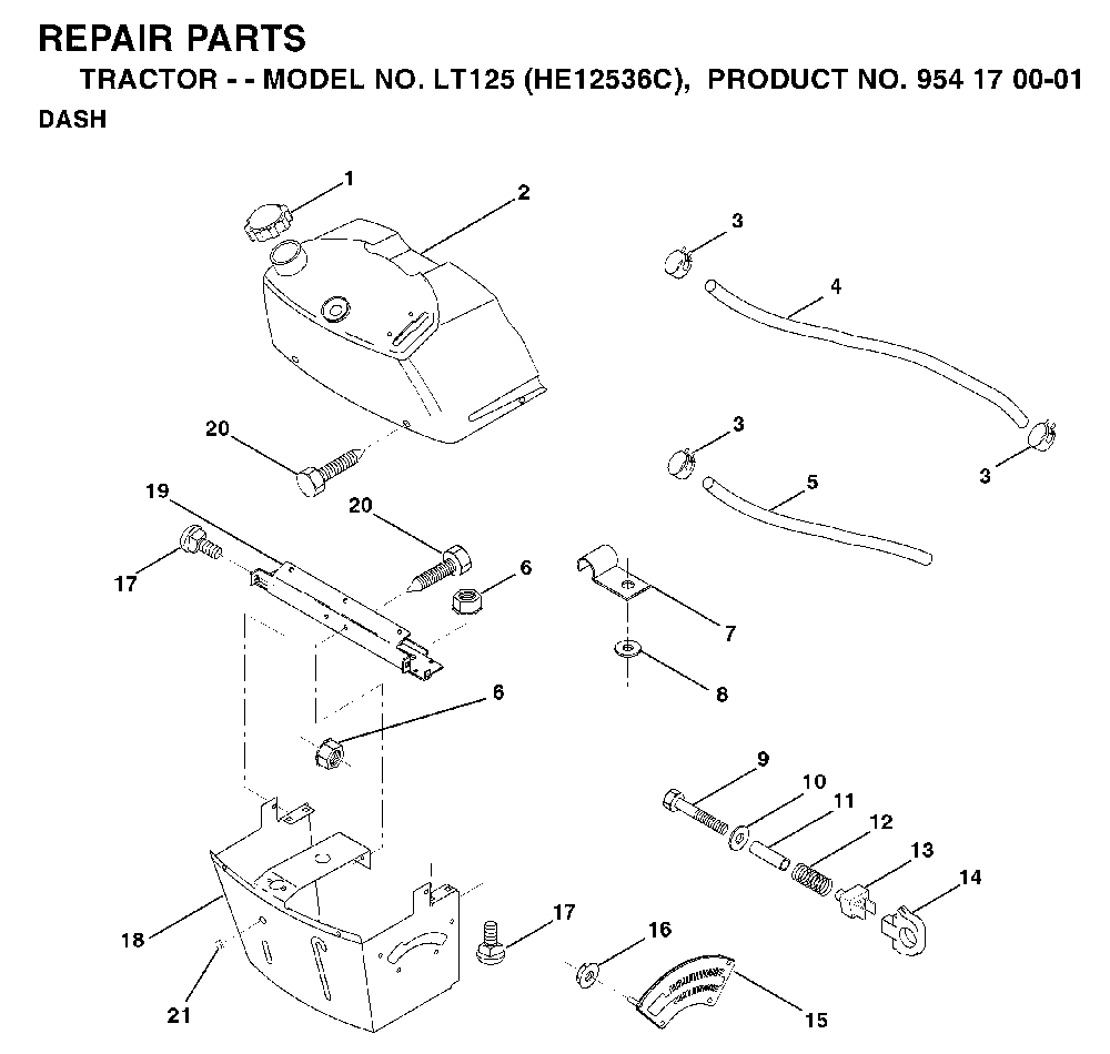 Dash Diagram and Parts List for LT125 (HE12536C, 954170001)(1996-01) Husqvarna Lawn Tractor