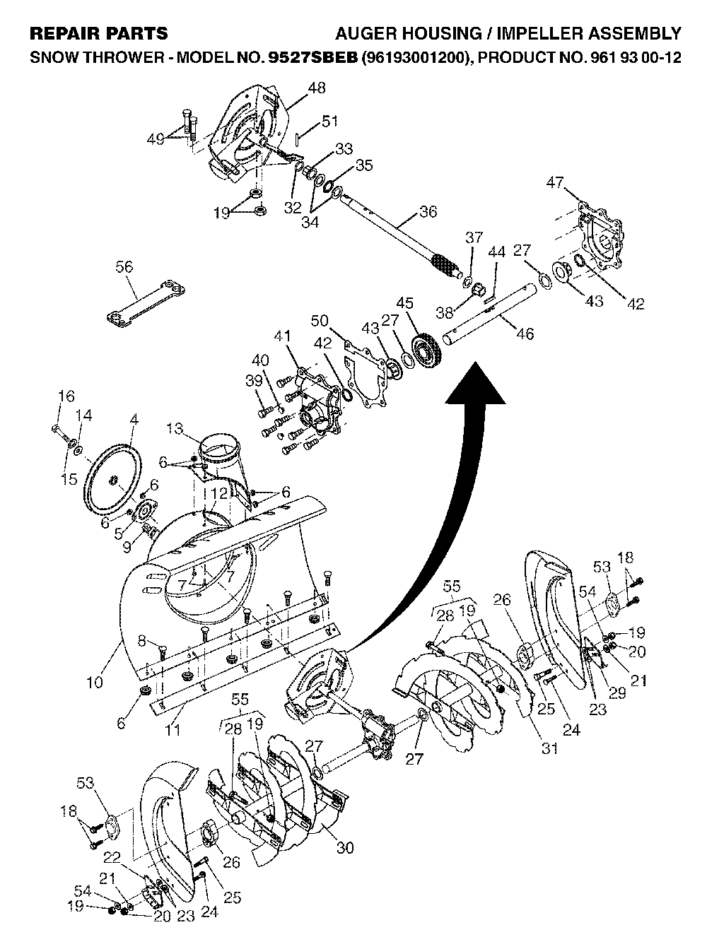 Auger Housing And Impeller Diagram and Parts List for 9527SBEB (96193001200, 961930012)(2005-12) Husqvarna Snow Blower
