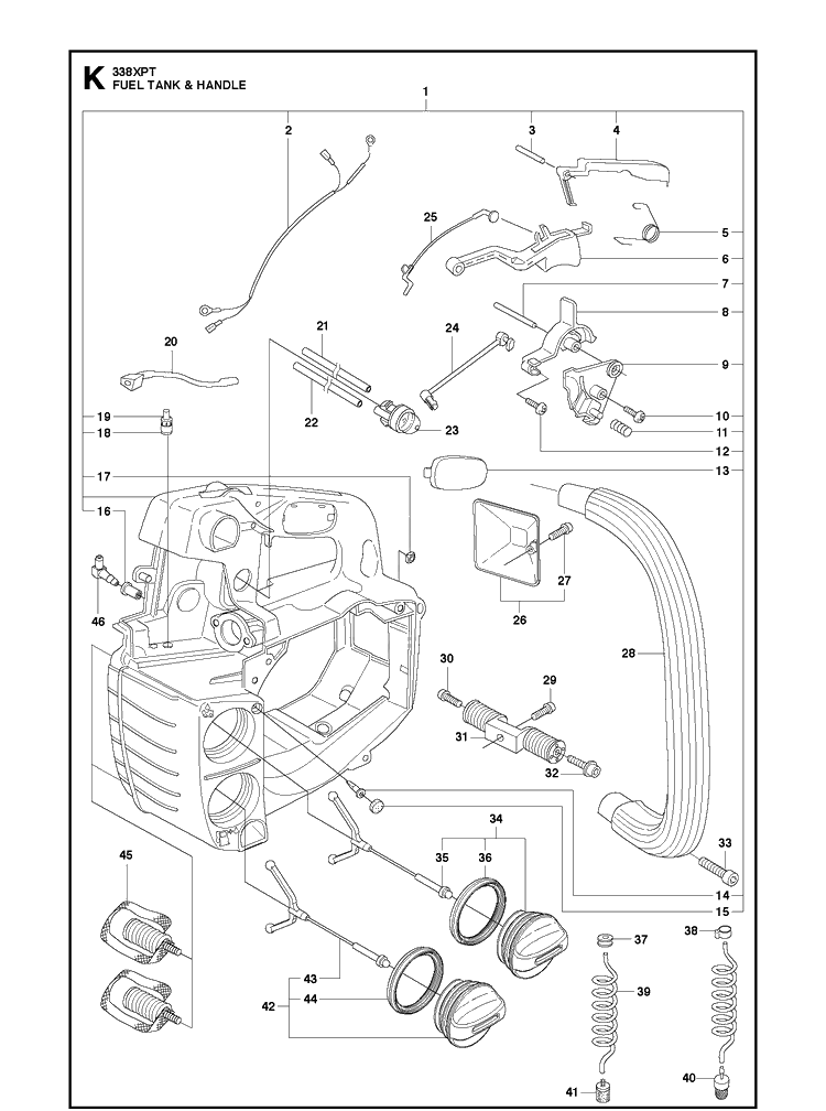Fuel Tank And Handle Diagram and Parts List for 338XPT 20100600001-Current Husqvarna Chainsaw