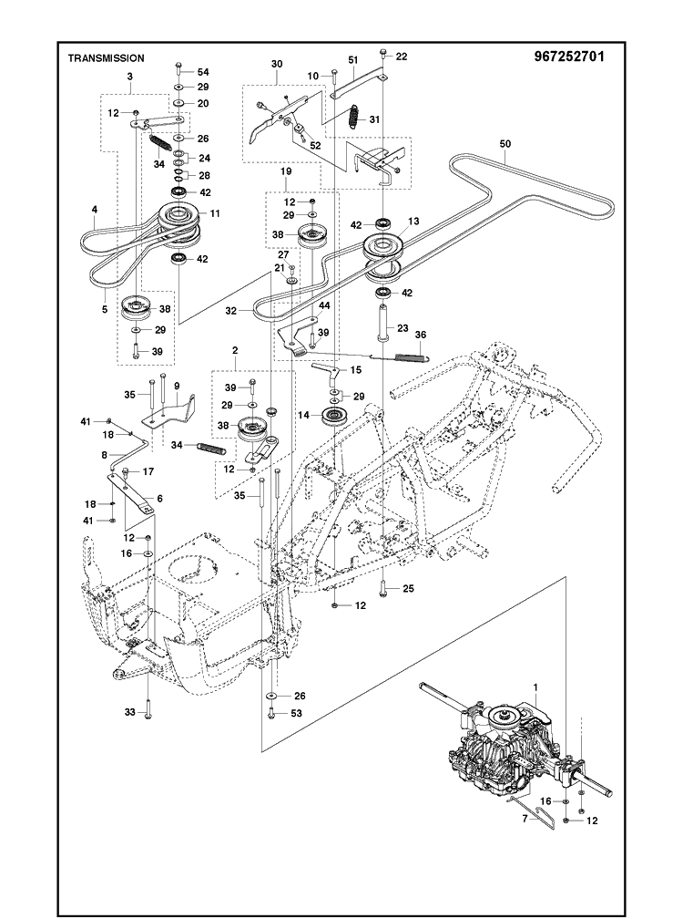 Transmission Diagram and Parts List for R115C  Husqvarna Lawn Mower