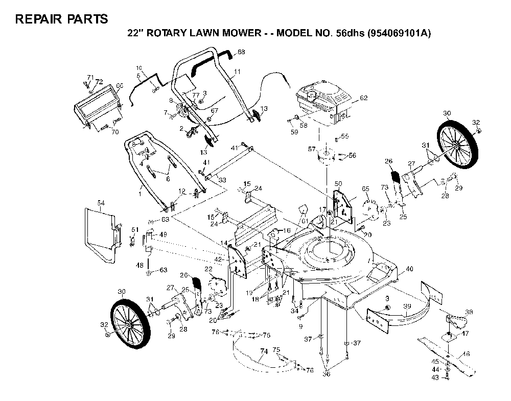 Repair Parts Diagram and Parts List for 56SF (954066101A)(1994-01) Husqvarna Lawn Mower