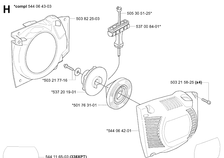 Starter Diagram and Parts List for 338XPT 20060100001-20063600000 Husqvarna Chainsaw