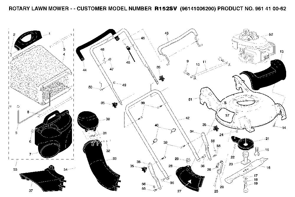 Frame And Engine Diagram and Parts List for R152SV (96141006200, 961410062)(2006-01) Husqvarna Lawn Mower