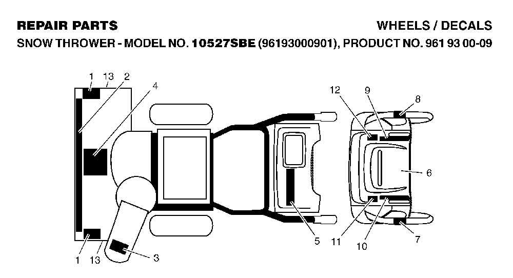 Decals Diagram and Parts List for 10527SBE (96193000901, 961930009)(2006-05) Husqvarna Snow Blower