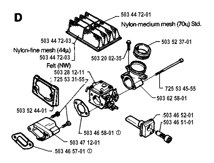 Carburetor And Air Filter Diagram and Parts List for 394XP 19940100001-19960100000 Husqvarna Chainsaw