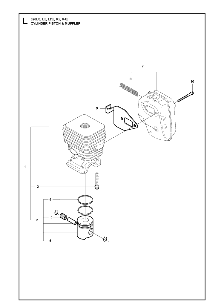 Cylinder, Piston And Muffler Diagram and Parts List for 326LDX 20091800001-Current Husqvarna Edger