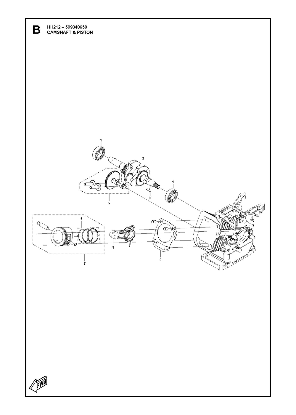 Camshaft And Piston Diagram and Parts List for HH212 599348659 Husqvarna Engine