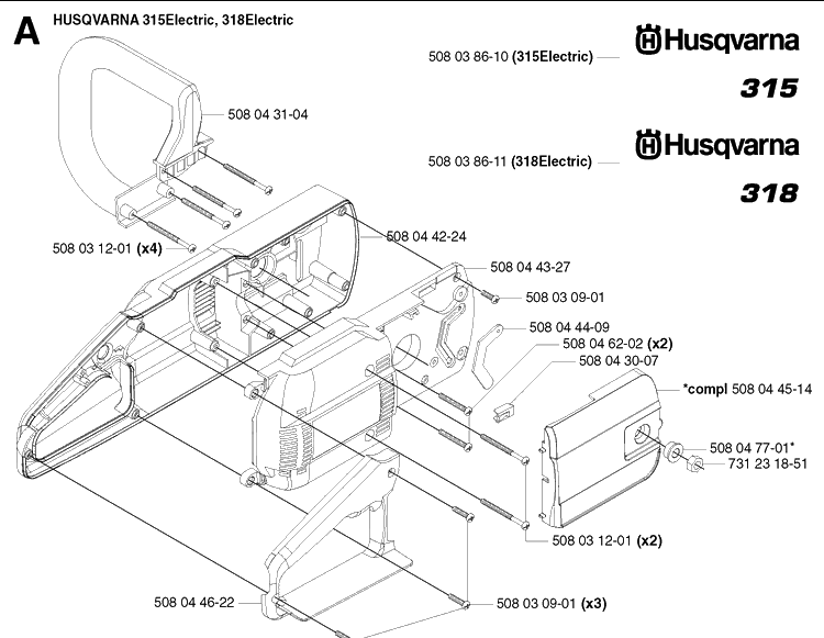 Chassis / Frame Diagram and Parts List for 318 20030100001-Current Husqvarna Chainsaw
