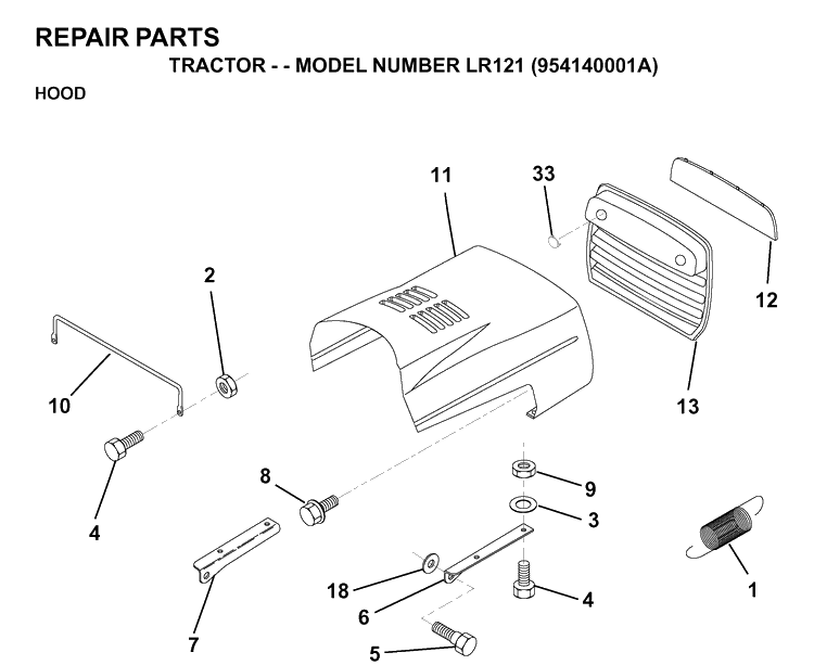 Hood Diagram and Parts List for LR121 (954140001A)(1997-01) Husqvarna Lawn Tractor