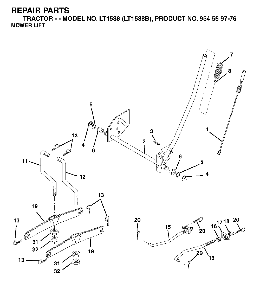 Mower Lift / Deck Lift Diagram and Parts List for LT1538 (LT1538B, 954569776)(2002-11) Husqvarna Lawn Tractor