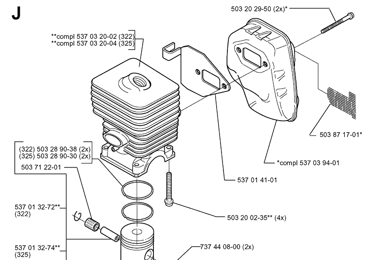 Cylinder Piston Diagram and Parts List for 322L 20000100001-20020100000 Husqvarna Edger