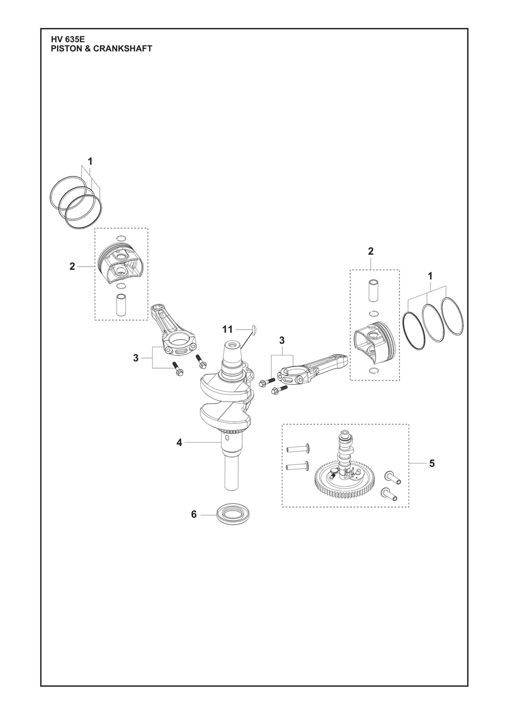 Piston And Crankshaft Diagram and Parts List for HV635E  Husqvarna Engine