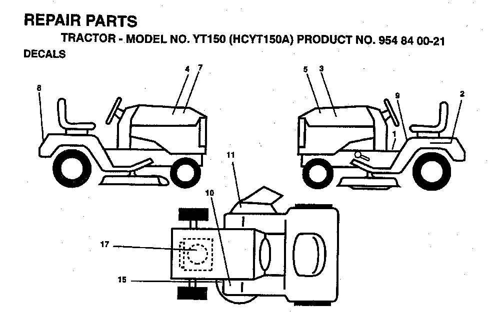 Decals Diagram and Parts List for YT150 (HCYT150A, 954840021)(1996-01) Husqvarna Lawn Tractor