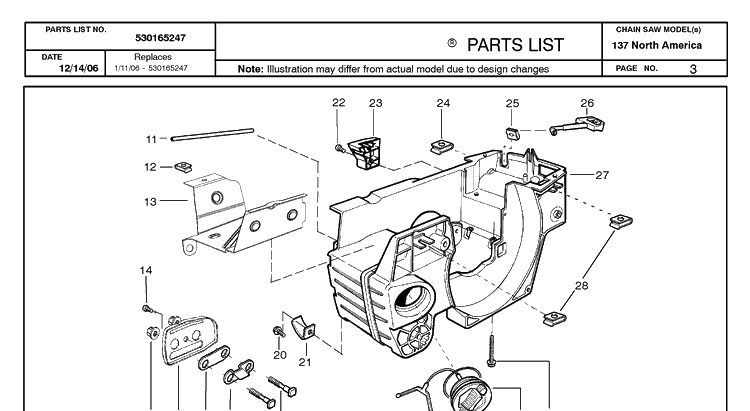 Crankcase Diagram and Parts List for 137 20064900001-20070100000 Husqvarna Chainsaw