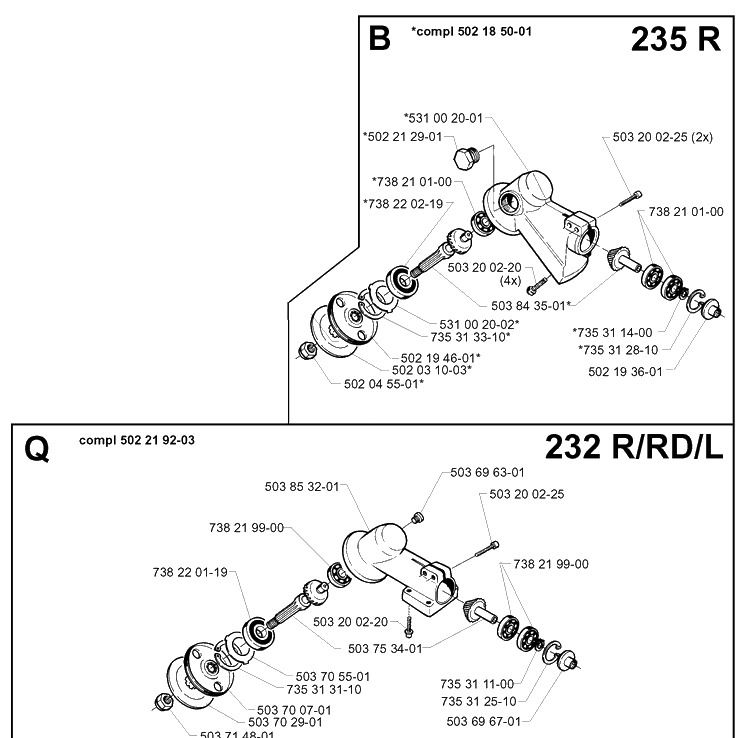 Bevel Gear Diagram and Parts List for 232L 19980100001-20001400000 Husqvarna Edger