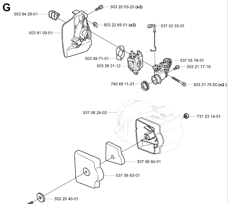 Carburetor And Air Filter Diagram and Parts List for 325HS99 (X-SERIES)(20004000001-20030100000) Husqvarna Hedge Trimmer