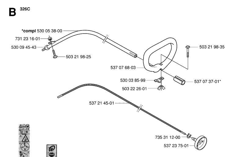 Shaft And Handle 3 Diagram and Parts List for 326RX 20061400001-20070100000 Husqvarna Brush Cutter