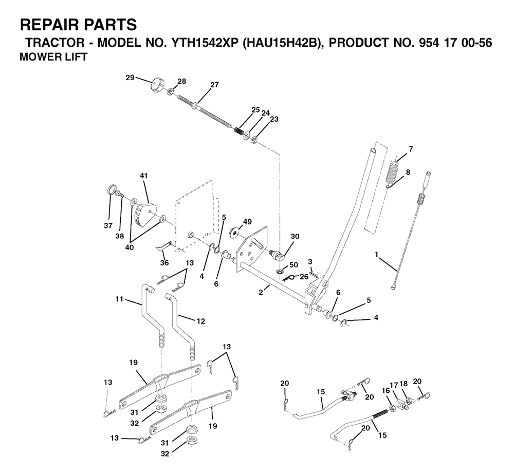 Mower Lift / Deck Lift Diagram and Parts List for YTH1542XP (954170056-B)(2003-01) Husqvarna Lawn Tractor