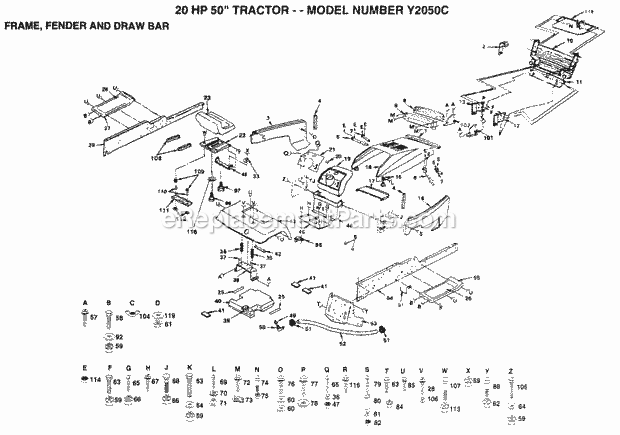 Frame, Fender And Draw Bar Diagram and Parts List for Y2050C 1993 Husqvarna Lawn Tractor