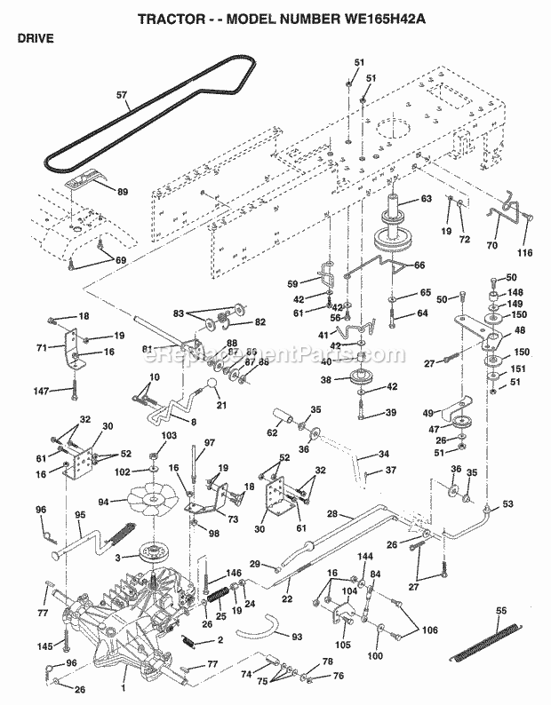 Drive Diagram and Parts List for WE165H42A 1998 Husqvarna Lawn Tractor