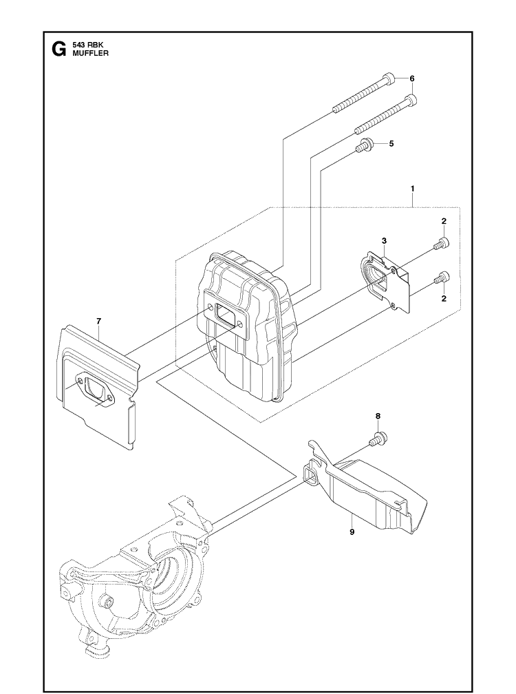Muffler Diagram and Parts List for 543RBK 20130500001-20182200000 Husqvarna Brush Cutter