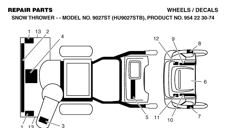 Decals Diagram and Parts List for 9027ST (HU9027STB)(2004-03) Husqvarna Snow Blower