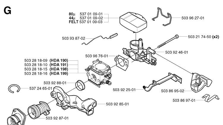 Carburetor And Air Filter Diagram and Parts List for 359 20031400001-20041800000 Husqvarna Chainsaw