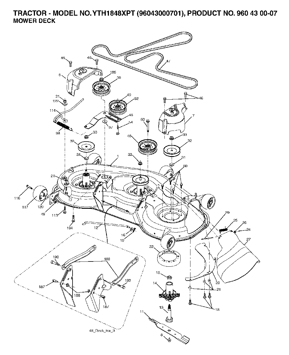 Mower Deck / Cutting Deck Diagram and Parts List for YTH1848XPT (96043000701)(2006-03) Husqvarna Lawn Tractor