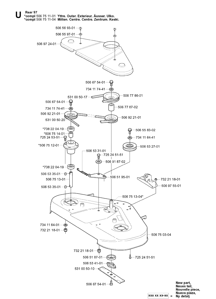 97cm Cutting Deck Diagram and Parts List for RIDER16 2003-01 Husqvarna Lawn Mower