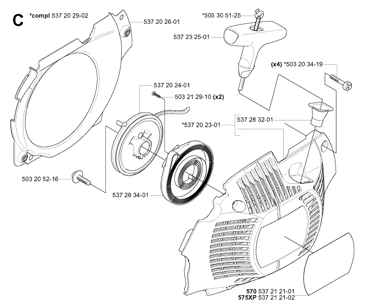 Starter 2 Diagram and Parts List for 575XP 20051400001-20070100000 Husqvarna Chainsaw
