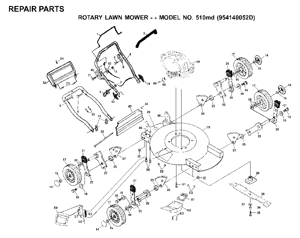 Product Complete Diagram and Parts List for 510MD (954140052D)(2000-01) Husqvarna Lawn Mower