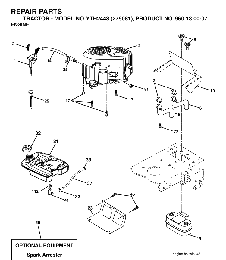 Engine Diagram and Parts List for YTH2448-279081 2005-08 Husqvarna Lawn Tractor