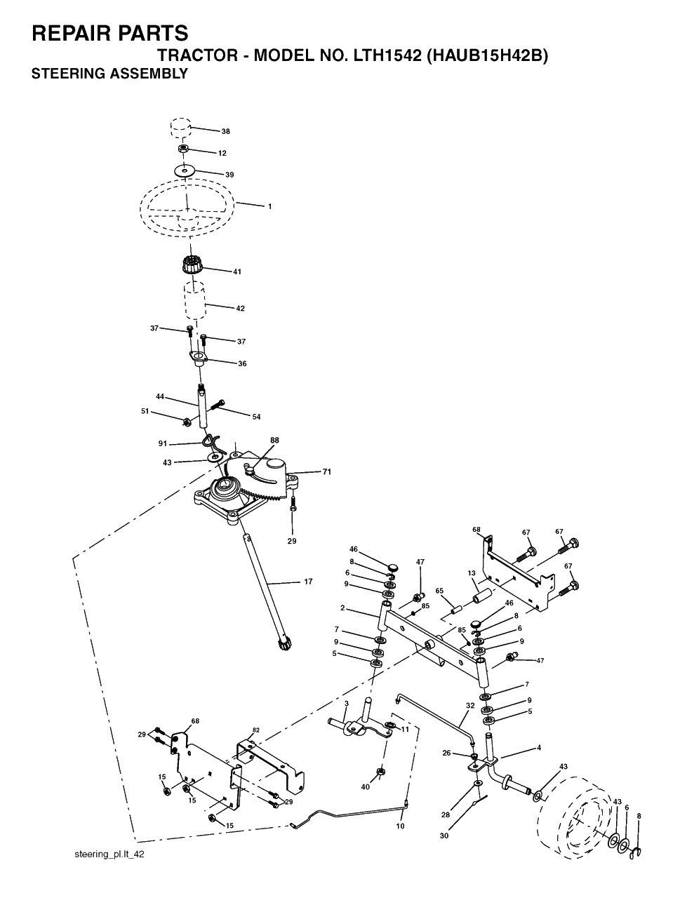 Steering Diagram and Parts List for LTH1542 (954170086-B)(2004-01) Husqvarna Lawn Tractor