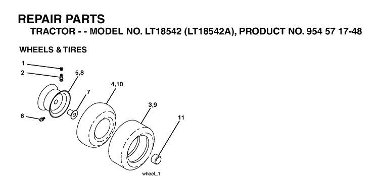 Wheels And Tires Diagram and Parts List for LT18542-LT18542A 2003-11 Husqvarna Lawn Tractor