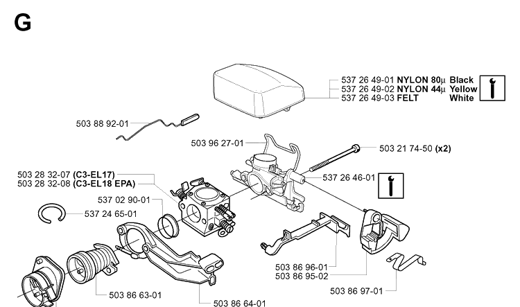 Carburetor And Air Filter Diagram and Parts List for 346XP 20041000001-20070799999 Husqvarna Chainsaw
