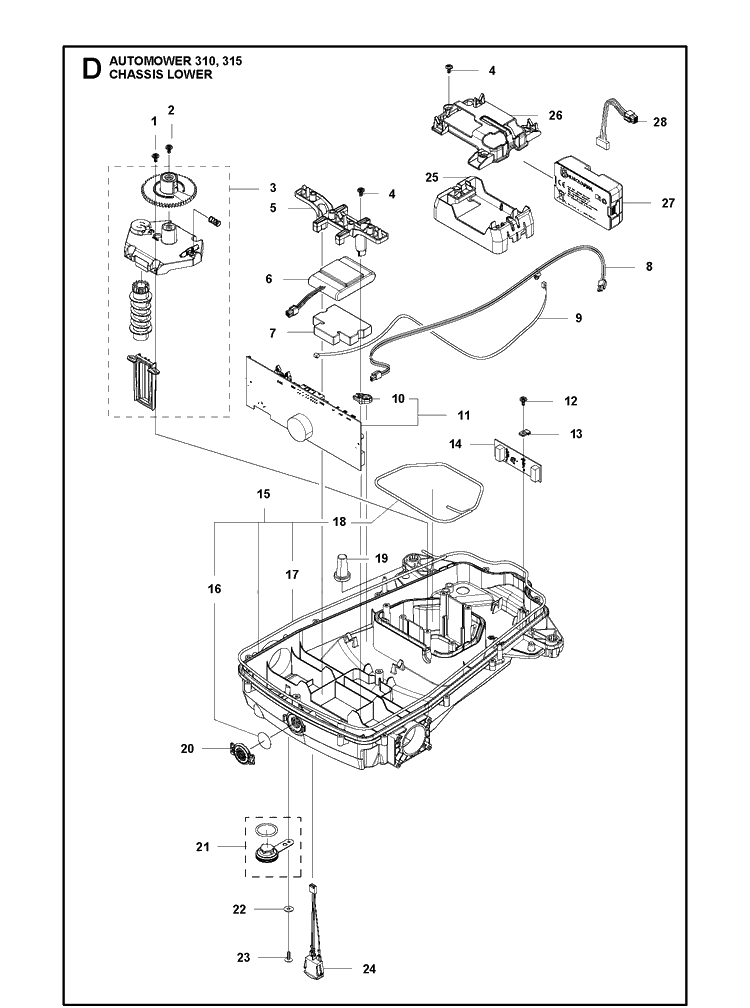 Chassis Lower Diagram and Parts List for 310 2020 Husqvarna Lawn Mower