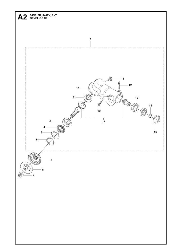 Bevel Gear Diagram and Parts List for 343F  Husqvarna Brush Cutter