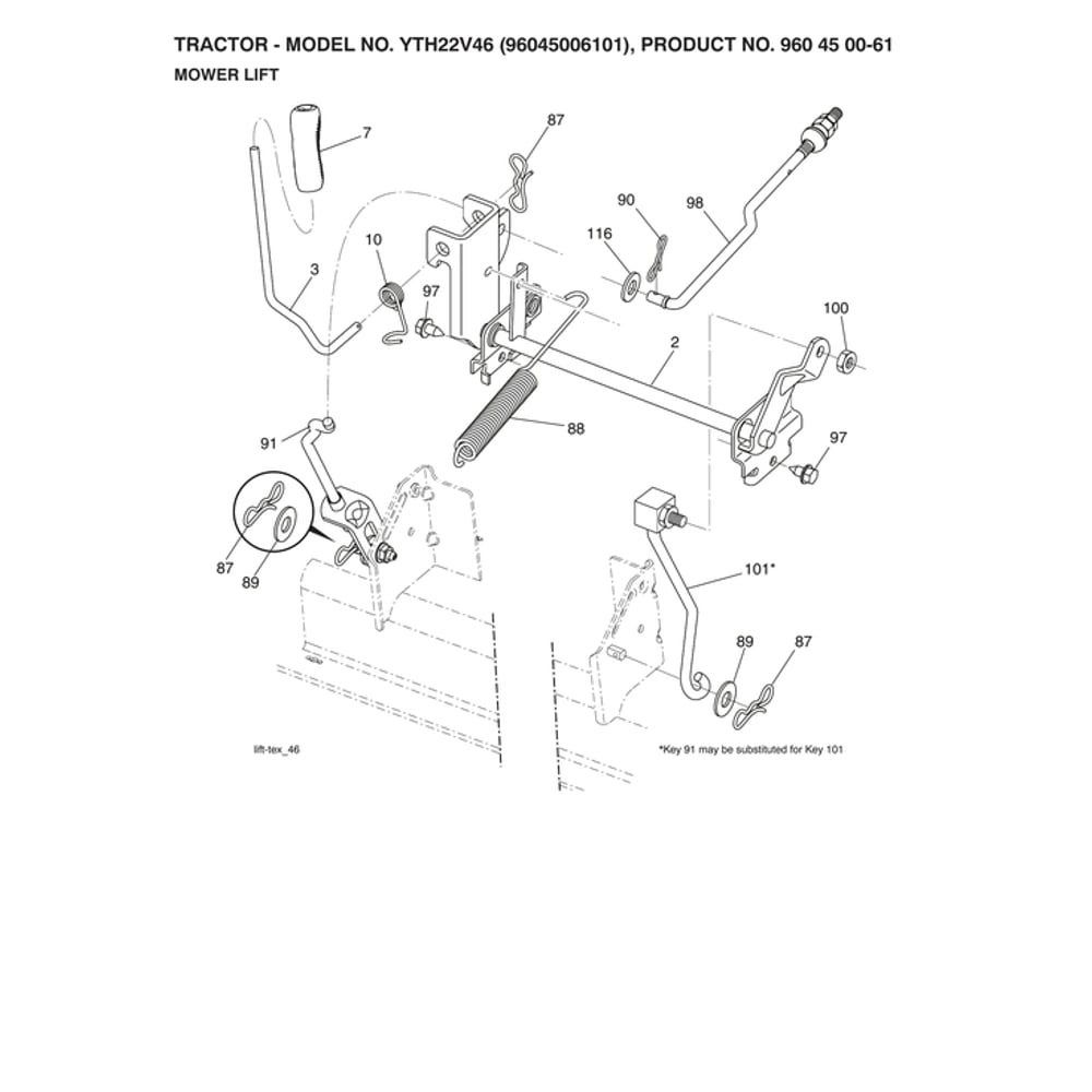 Mower Lift Diagram and Parts List for 96045006101  Husqvarna Lawn Tractor