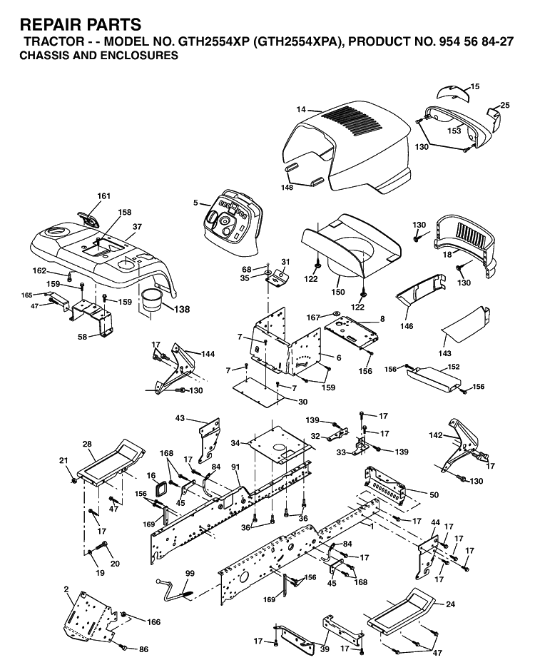 Chassis And Enclosures Diagram and Parts List for GTH2554XP-GTH2554XPA 2004-08 Husqvarna Lawn Tractor
