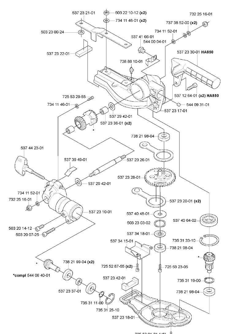 Gearbox Diagram and Parts List for HA110 2005-10 Husqvarna Hedge Trimmer