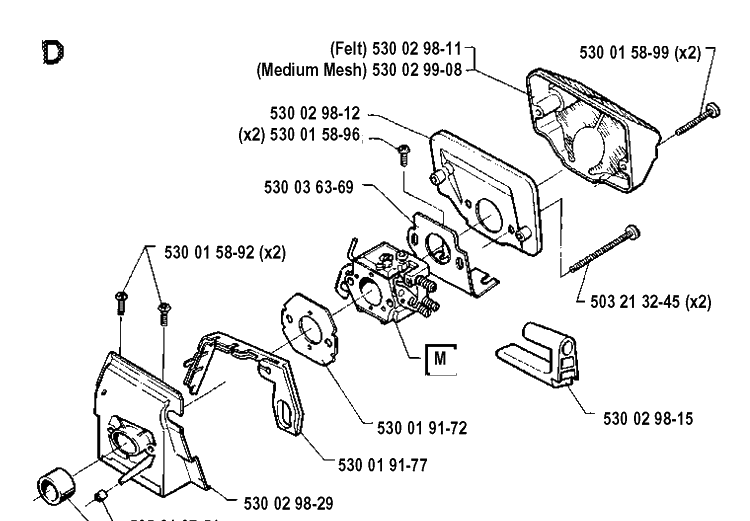 Carburetor And Air Filter Diagram and Parts List for 41 19912200001-19941800000 Husqvarna Chainsaw