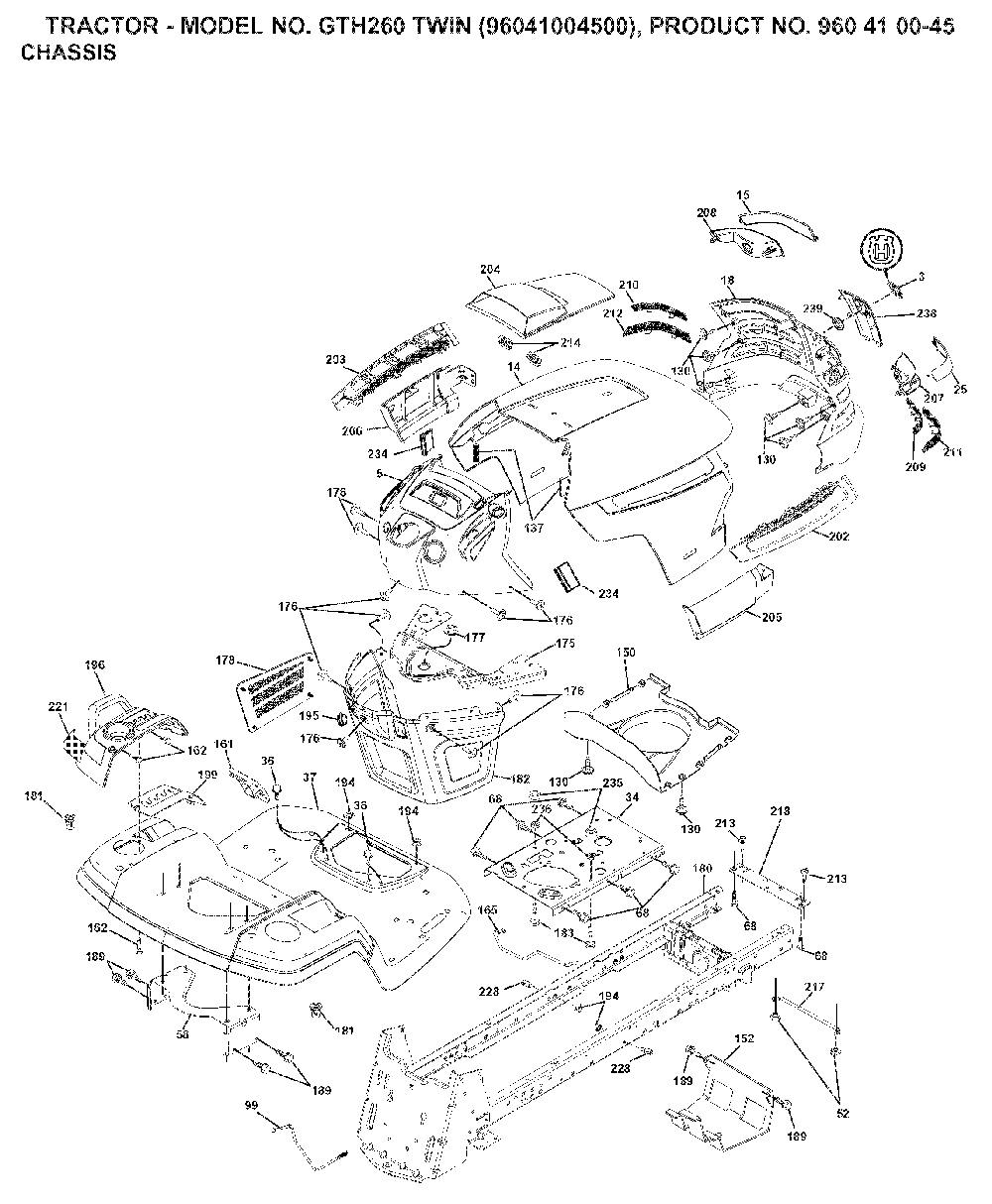 Chassis And Enclosures Diagram and Parts List for GTH260TWIN (96041004500, 960410045)(2007-02) Husqvarna Lawn Tractor
