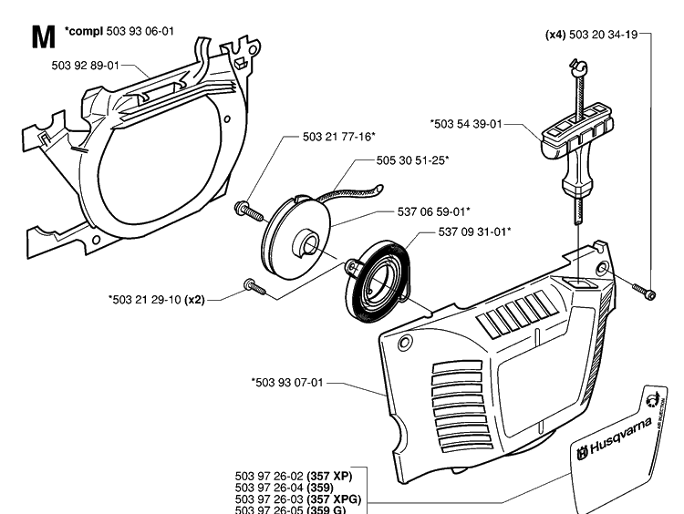 Starter 2 Diagram and Parts List for 359 20010100001-20014000000 Husqvarna Chainsaw