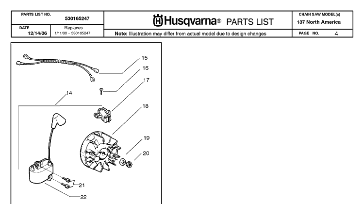 Ignition System Diagram and Parts List for 137 20064900001-20070100000 Husqvarna Chainsaw