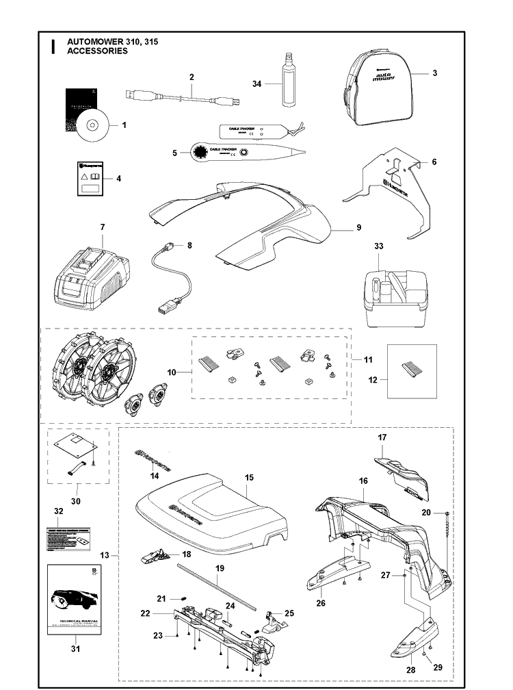 Accessories Diagram and Parts List for 310 2019 Husqvarna Lawn Mower