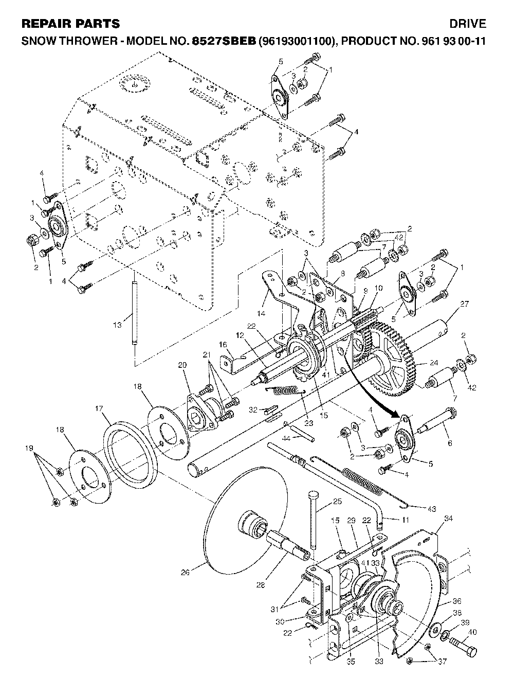 Drive Diagram and Parts List for 8527SBEB (96193001100, 961930011)(2005-12) Husqvarna Snow Blower